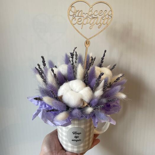 Композиция из лаванды, лагуруса и хлопка в кружке💜