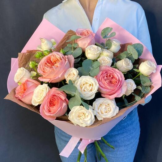 Пионовидные розы|монобукет роз с эвкалиптом