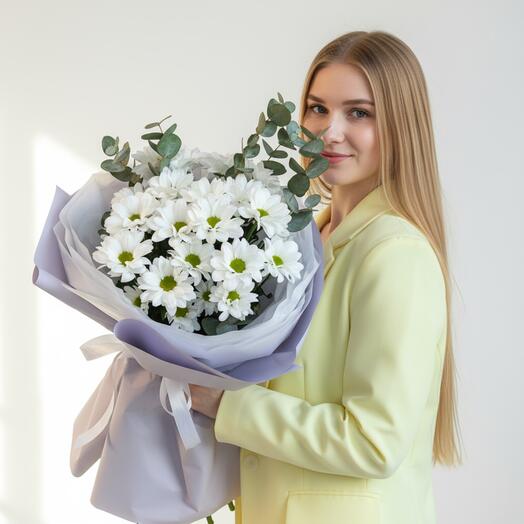 "Лавандовый раф" Букет с кустовой хризантемой ромашка