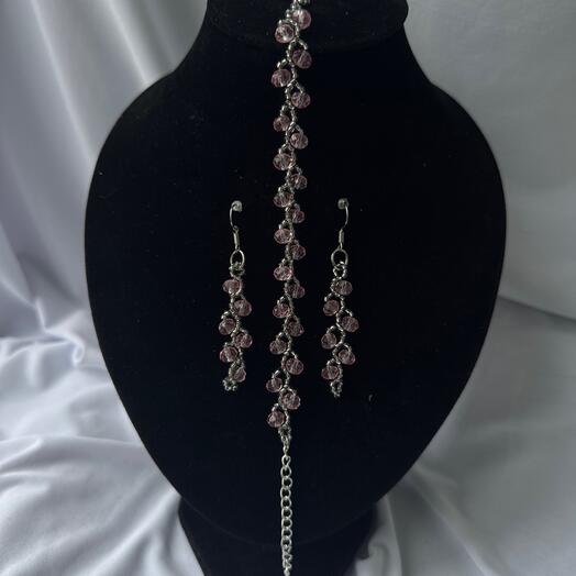 Комплект "Веточки" (браслет, серьги), ручная работа, розовый с серебром