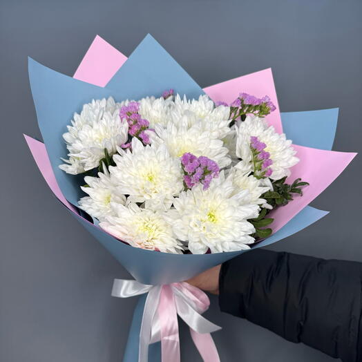 Букет с кустовыми хризантемами и статицей🌸