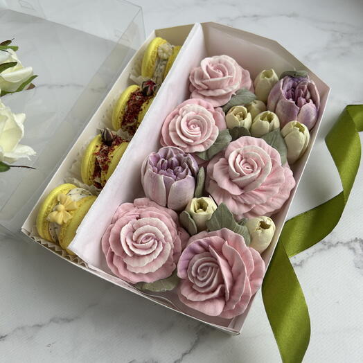 Набор цветов из зефира и макарон/ Сладкий подарок маме, девушке, жене, коллеге на день рождения