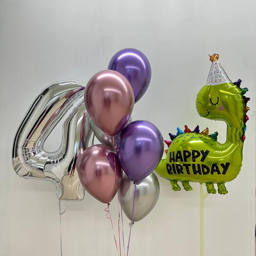 Шары на день рождения ребёнка с цифрой и динозавром Happy Birthday Фонтан из шаров с доставкой