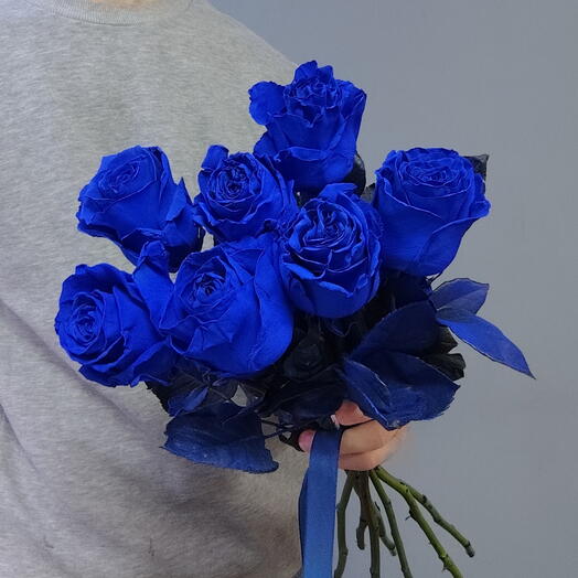 Синие розы | Букет из 7 синих роз под ленточкой