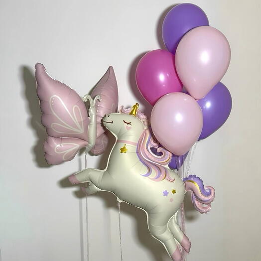Набор шаров для девочки, единорог, бабочка и связка шаров