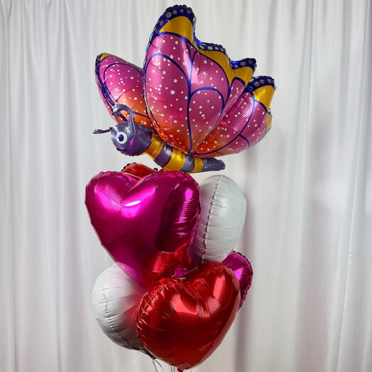 Воздушные шары сердца и бабочка 3D (7шт). Helium balloons hearts with butterfly 3D (7pcs)