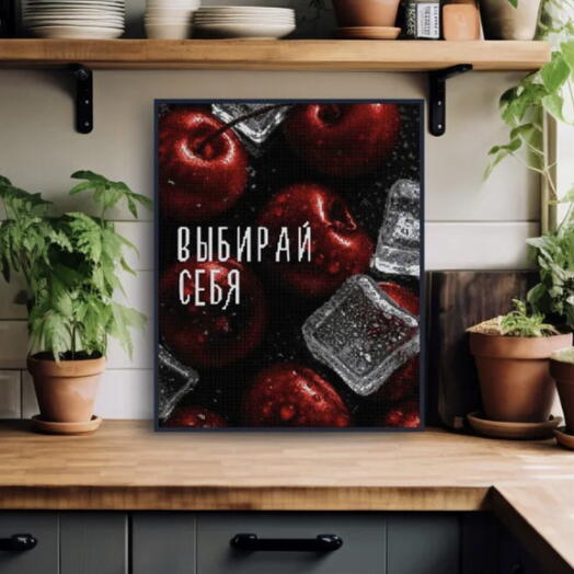 Готовая картина с рисунком из страз/алмазов (вишни и лед) и с фразой «Выбирай себя» (40*50 см)