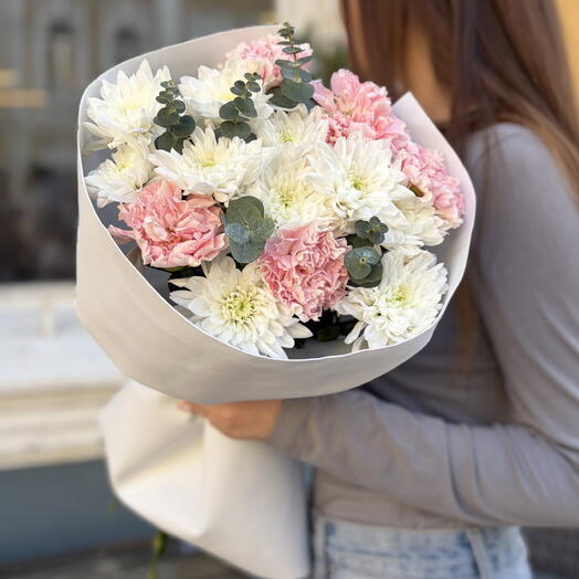 Cute bouquet of fluffy chrysanthemums and pink dianthus trees 💞