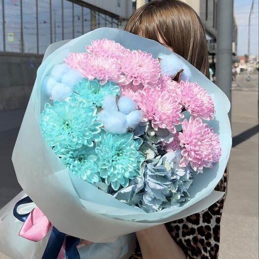 Букет 🌸«исполнение желаний»🦋💫 с пышной хризантемой, гортензией и хлопком🤍