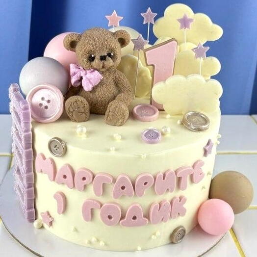Торт детский для девочки на день рождения на годик, «Мишка с бантиком»
