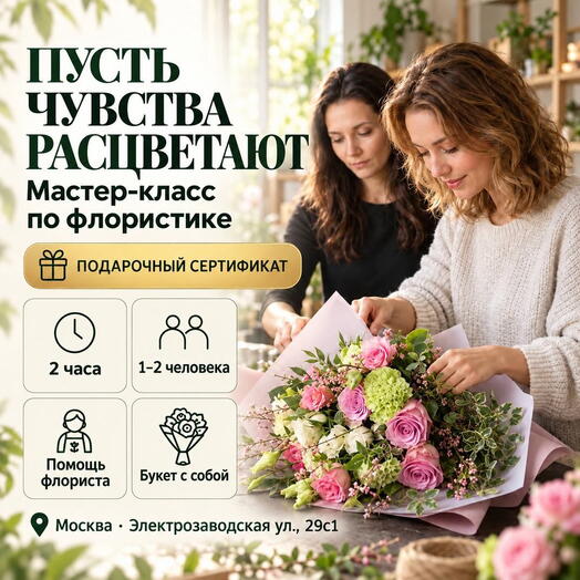 Подарочный сертификат «Мастер класс по флористике» (2 часа, 1 человек)