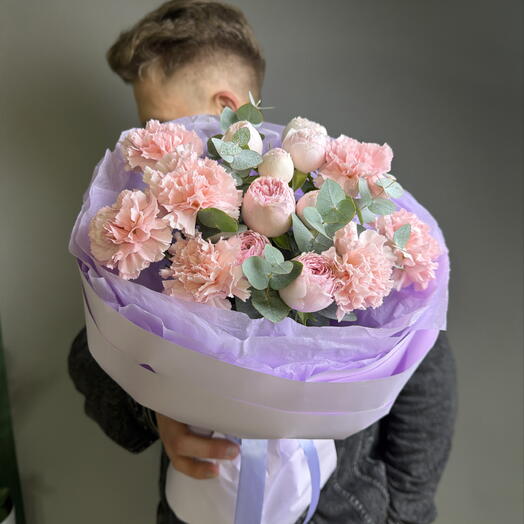 Букет 🌸 «Пудра и Лаванда» ☁️💜🧸🍃🤍 с диантусами  пион розами