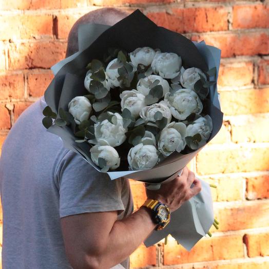 15 white peonies with eucalyptus in a designer package