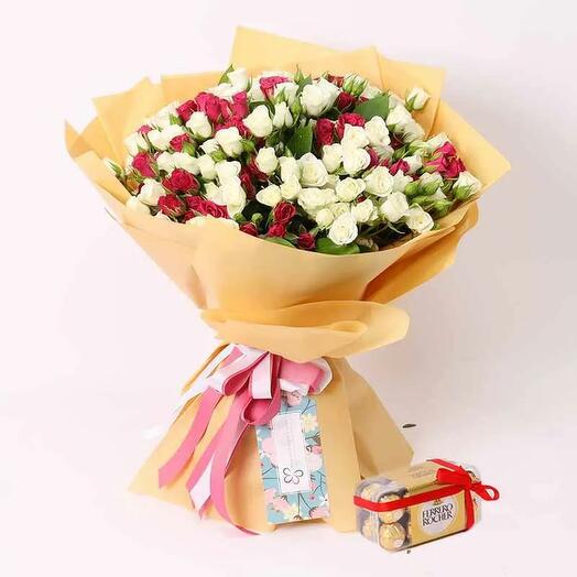 50 Baby Roses Bouquet and Ferrero Rocher