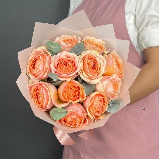 Bouquet of roses. Peach peony-shaped Roses 11 pieces and Eucalyptus