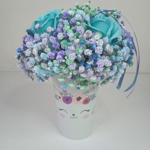 Gypsophila and soap rose in a Turquoise cat cup