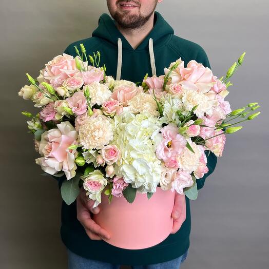A delicate composition in a box in the shape of a heart of Roses and Hydrangeas. Bouquet F135 Flowers of the Capital