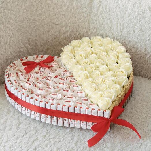 Elegant Composition of 51 Roses with Delicacies: Raffaello, Kinder and Mercy
