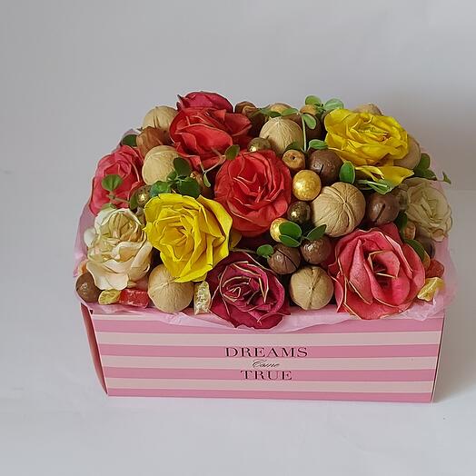 Bouquet of dried fruits and nuts in a carrier "Floral scattering" Edible bouquet. A bouquet of nuts. Bouquet of dried fruits
