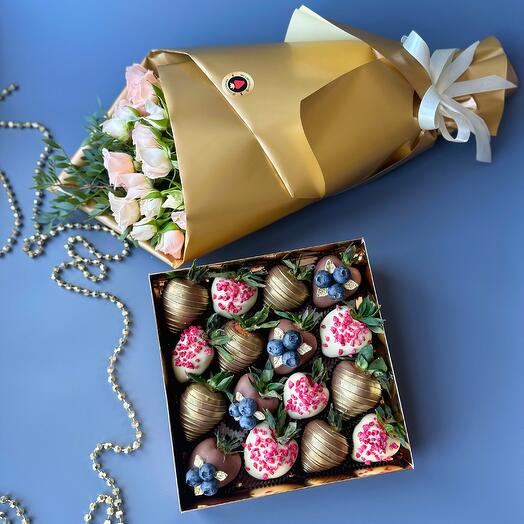 A set of strawberries in Belgian chocolate, 16 berries and a bouquet of bush roses