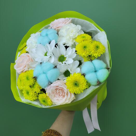 Букет с розой, диантусом, хризантемой, хлопком