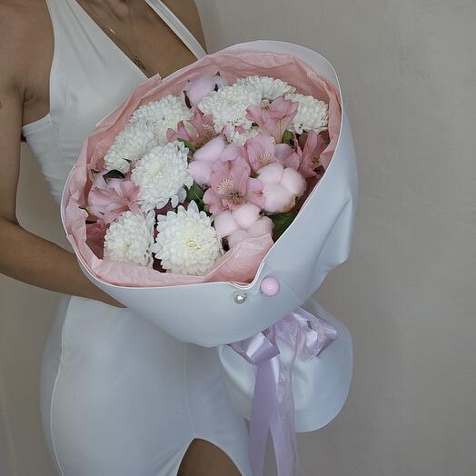 Author's bouquet "Constance" made of chrysanthemum, alstroemeria and cotton