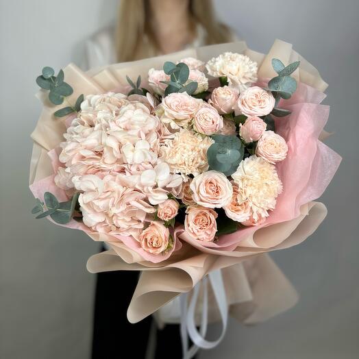 Powdery hydrangea and bush roses