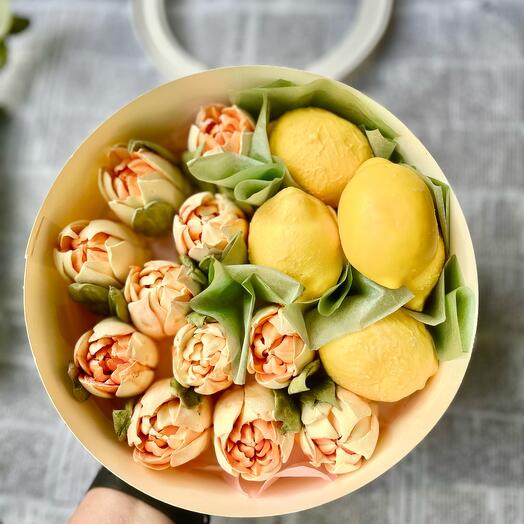 Съедобный подарок 🍋Лимоны из зефира в лимонной шоколадной глазури, тюльпаны из зефира