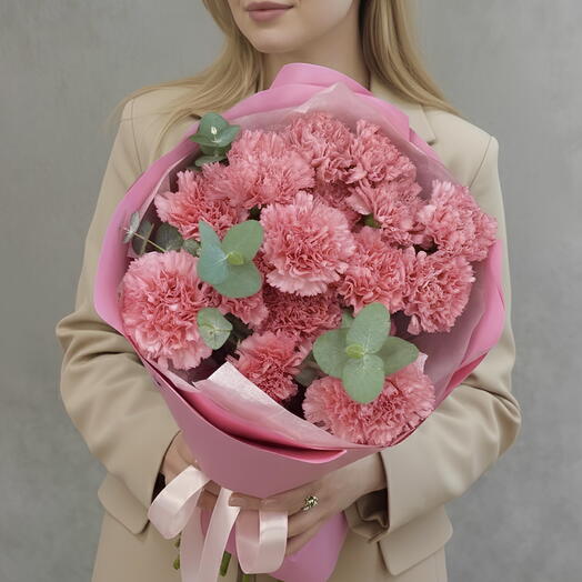 Букет из 15 розовых диантусов Джоди и эвкалипта - Pink poms S. 611