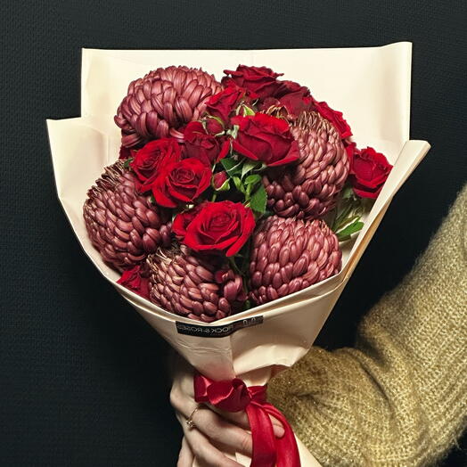 Velvet Season / Bouquet of red roses and burgundy chrysanthemums. Premium packaging. A bright and impressive gift.
