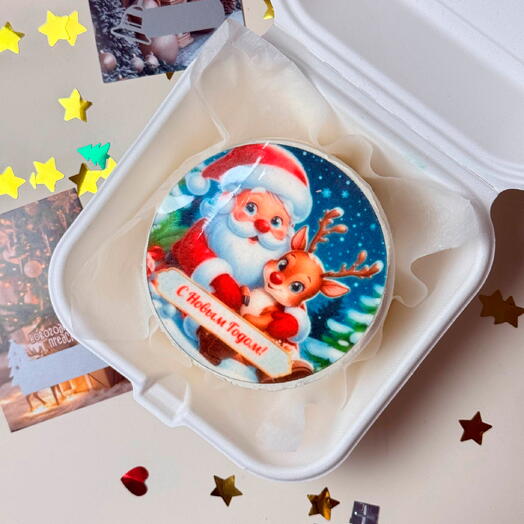 Новогодний бенто торт с вафельной картинкой дед мороз с оленем