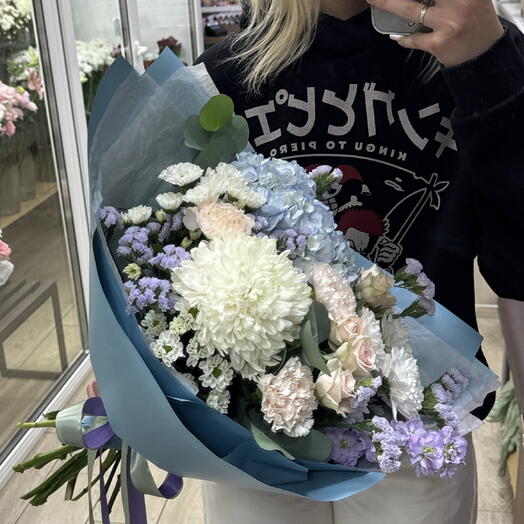 Авторский букет «Полевой»💙 | Хризантемы | Маттиола | Гортензия | Статица | Диантусы | Эвкалипт