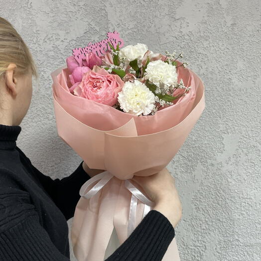 1 сентября! Букет из диантуса, розы, лимониума и альстромерии с топпером 💐