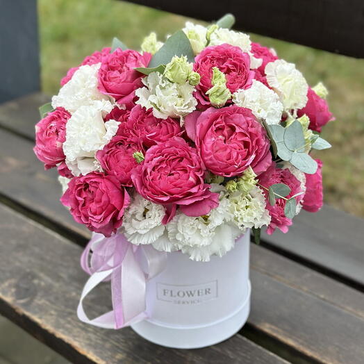 Valencia box with bush peony roses and eustoma