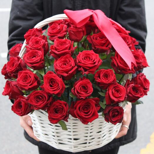 55 roses in a basket