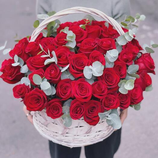 Basket with 51 red roses with eucalyptus
