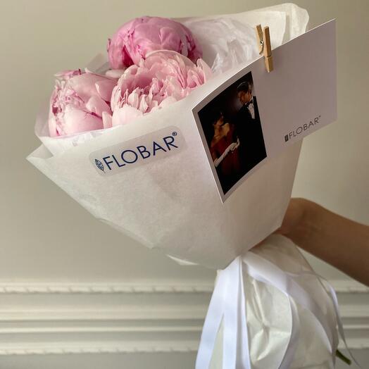 3 Sarah Bernhardt peonies in a package with a postcard