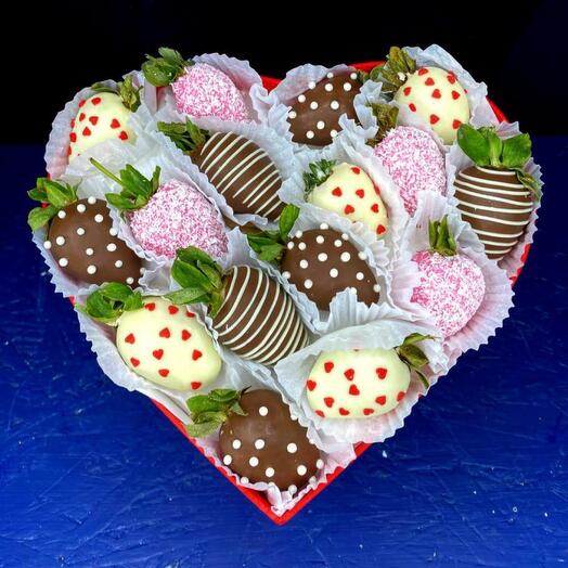Chocolate-covered strawberries in a heart