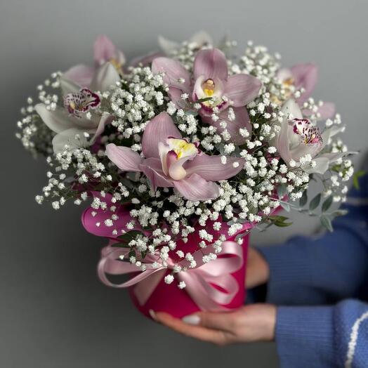 Box with gypsophila and orchid