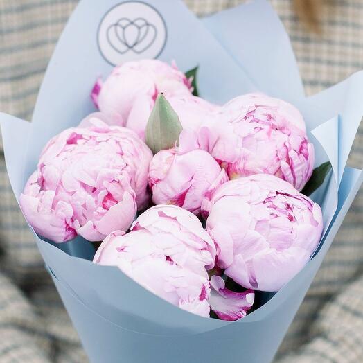 Bouquet of 7 pink Premium peonies in a blue
film