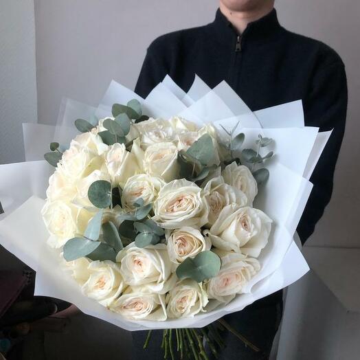 Peony-shaped roses with eucalyptus