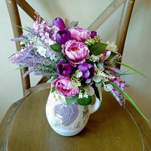 Jarra (decoupage) + flores artificiales