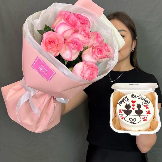 Букет голландских роз + бенто торт