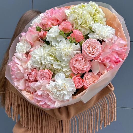 Ramo de rosas francesas hortensias rosas peonías "sentimientos Tiernos" 💞