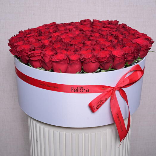 121 Red Roses in Round White Flower Box- 1712