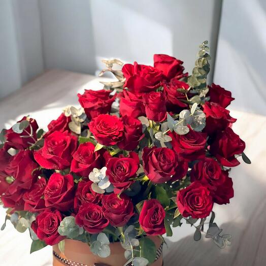 Flowers in a Box - Red Roses and Eucalyptus Bouquet