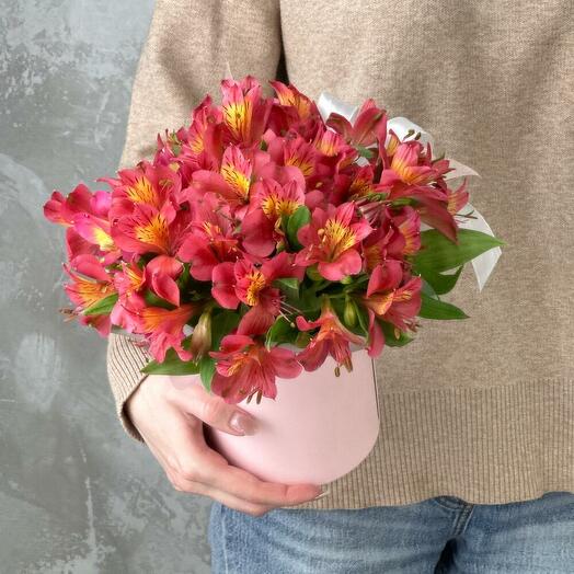 Hatbox with pink alstroemeria