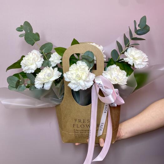 White carnations with eucalyptus