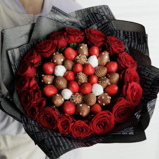 Chocolate-covered strawberry bouquet with flowers