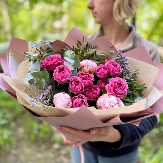 Bouquet with peonies and bush peony roses